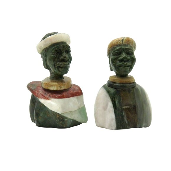 Small Stone Bust Set Colourful Hand Carved in Zimbabwe Africa 3.1" and 2.7 Tall - Picture 1 of 10